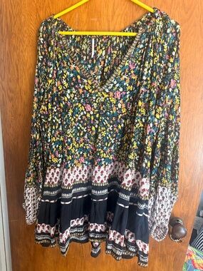 Free People Black Floral Patchwork Boho Dress